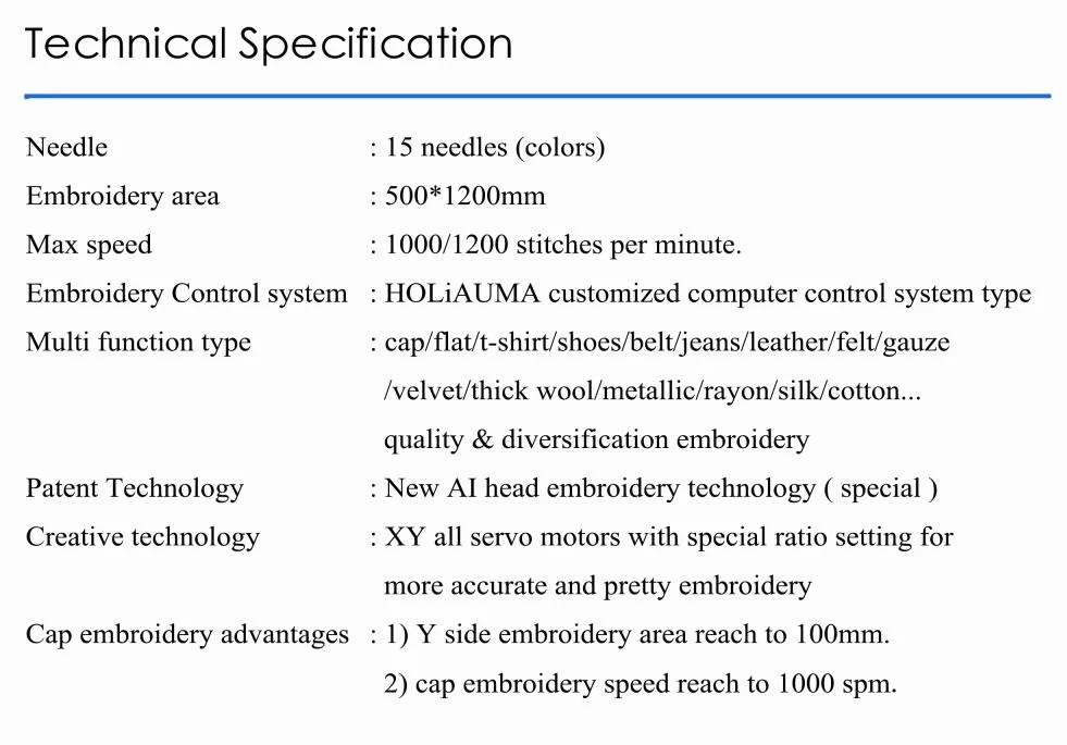 10 Years Warranty! Holiauma1 Head Tajima Type Embroidery Machine for Shoes Garment Hat Towel Leather Embroidery with Big Embroidery Area 500*1200 mm