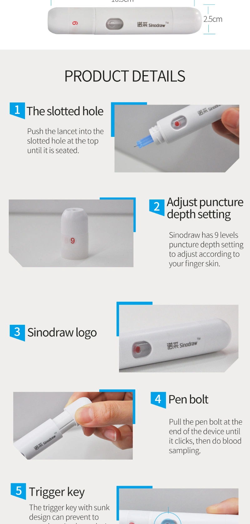 Sinocare Single Patient Plastic Blood Sample Collection Lancing Device with Ejector Adjustable Lancet Pen