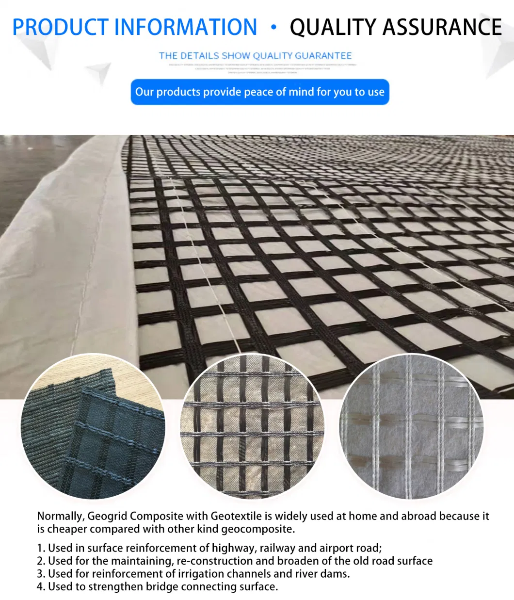 High Quality Fiberglass Geogrid Composite Stitched with Nonwoven Geotextile Good Sell