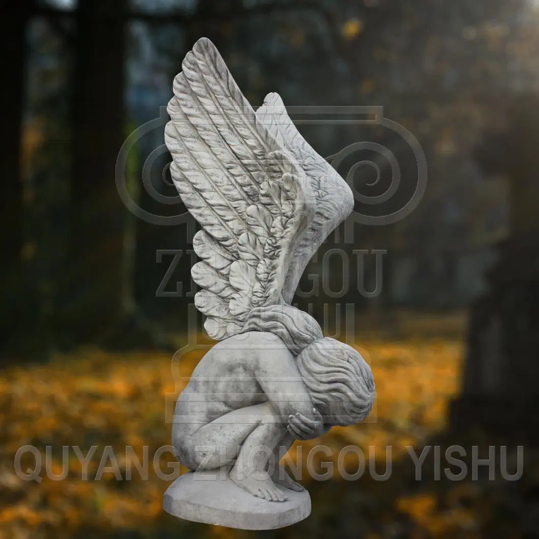 Marble Holding Legs and Crying Angel Sculpture for Cemetery or Garden Decoration