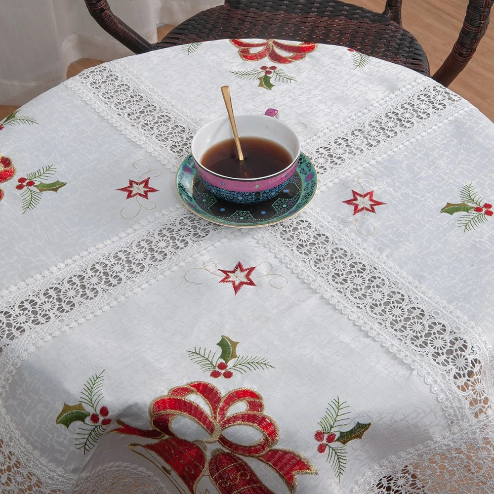 Square Type Hot Sale Pastoral Style 100% Polyester White Embroidery Christmas Table Cloths