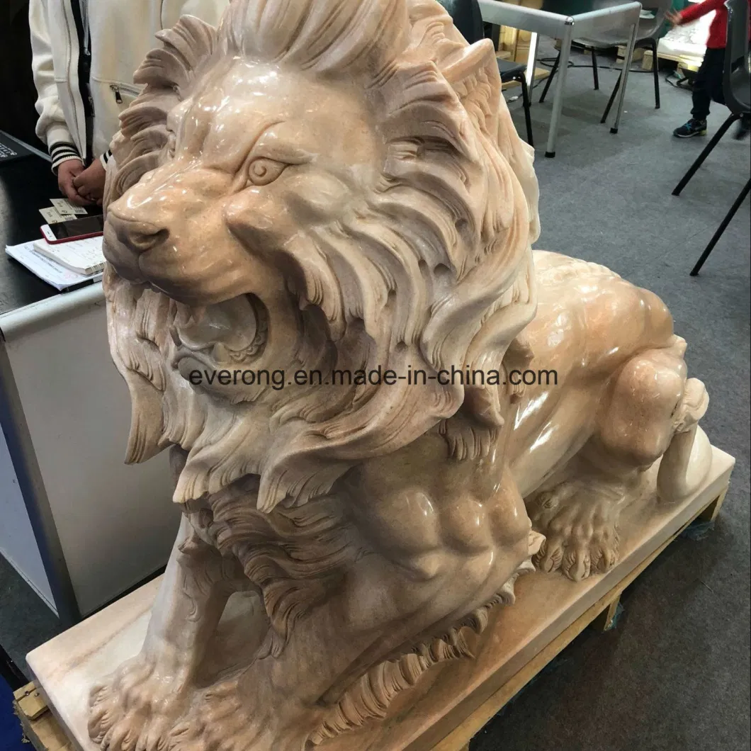 Outdoor Sunset Red Marble Sitting Lion Crying Statue Sculpture for Garden