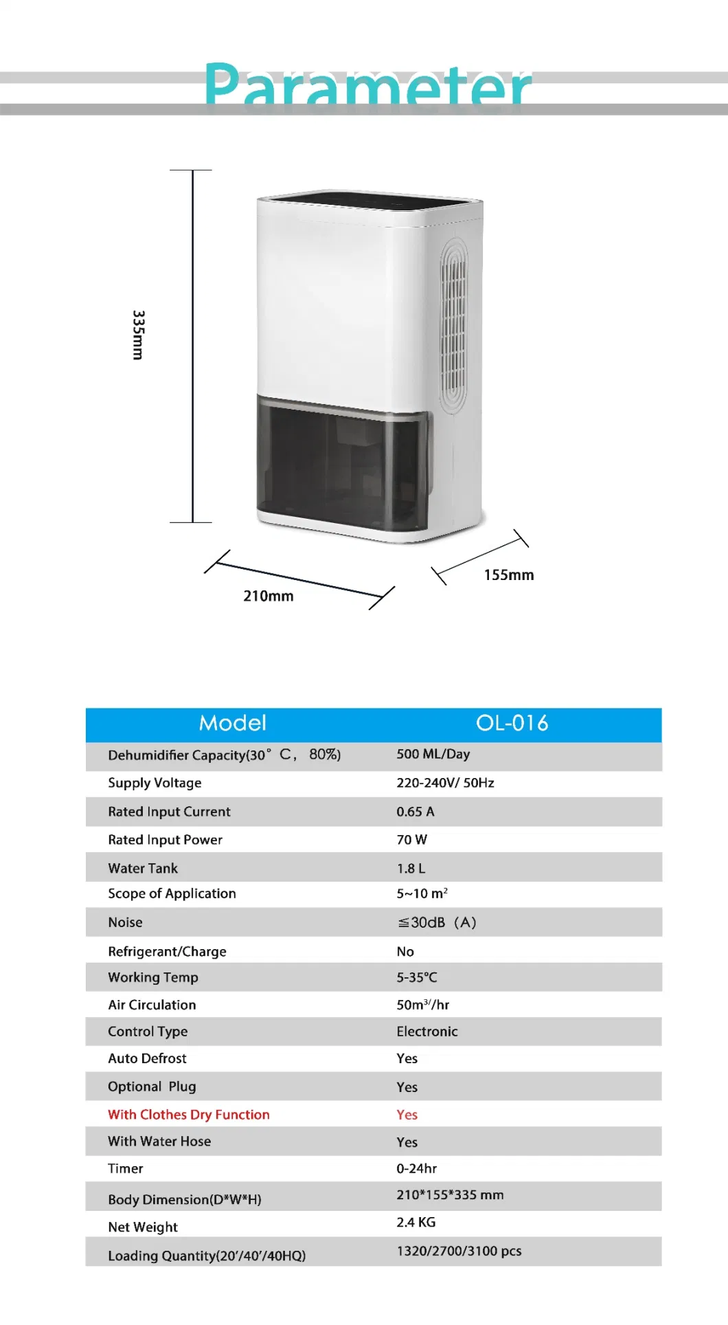 Small Space Mini Dehumidifier with Crying Clothes Function