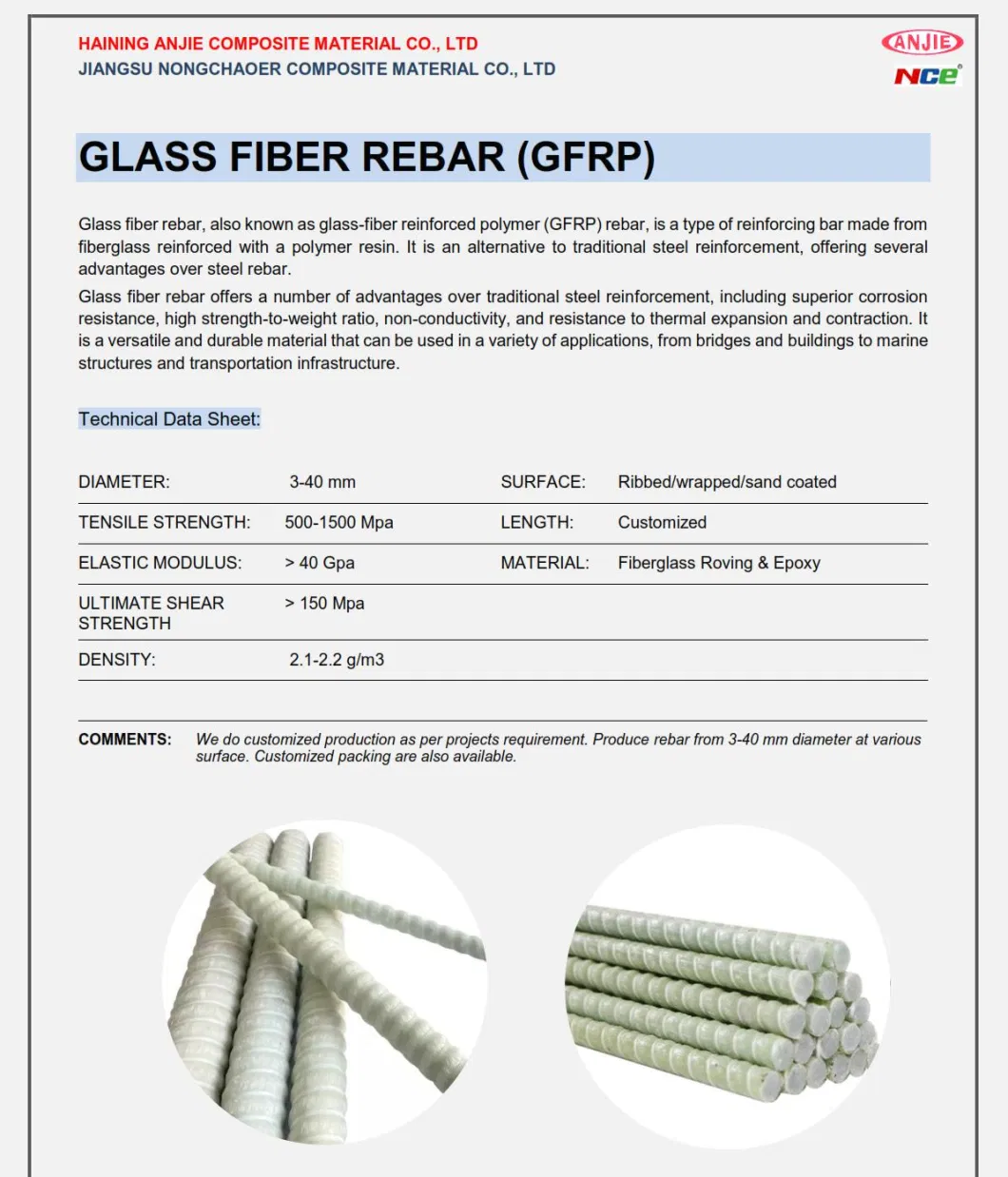 Rebar for Construction Glass Fiber Rebar Rod Price