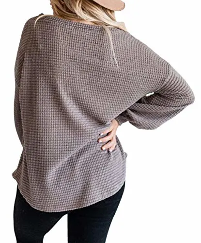 Wholesale Soft Lightweight 95% Polyester 5% Spandex Womens Long Sleeve Waffle Knit T Shirt Crew Neck
