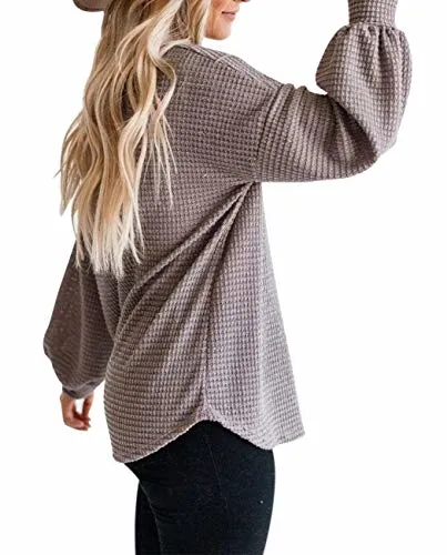 Wholesale Soft Lightweight 95% Polyester 5% Spandex Womens Long Sleeve Waffle Knit T Shirt Crew Neck