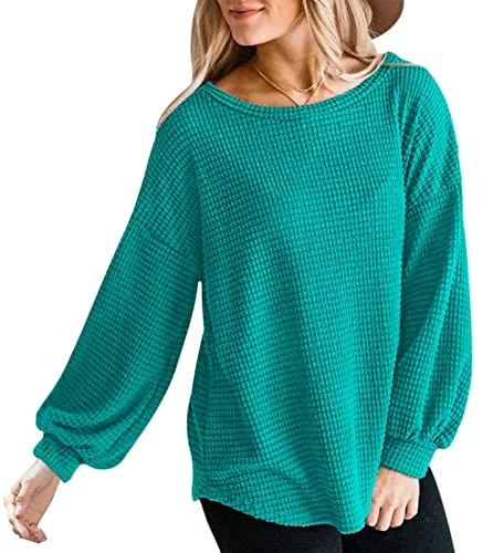 Wholesale Soft Lightweight 95% Polyester 5% Spandex Womens Long Sleeve Waffle Knit T Shirt Crew Neck