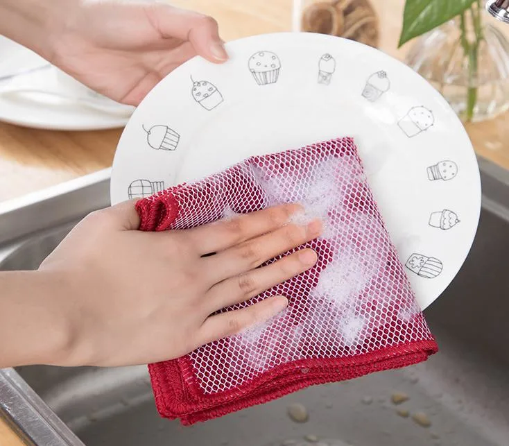 Double-Layer Mesh Dishcloth Kitchen Microfibre Dishcloth Foaming Non-Stick Grease Removing Stain Absorbent Cleaning Cloth
