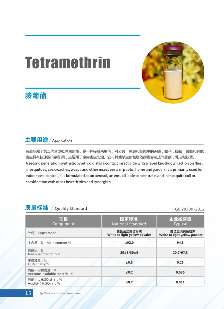 Insecticide 95%Tc Tetramethrin with Rapid Knockdown Action