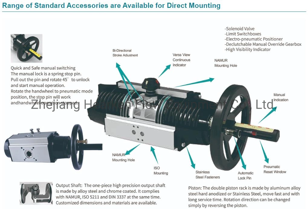 Aluminum Body Spring Return/Double Acting Pneumatic Actuator with Hand Wheel