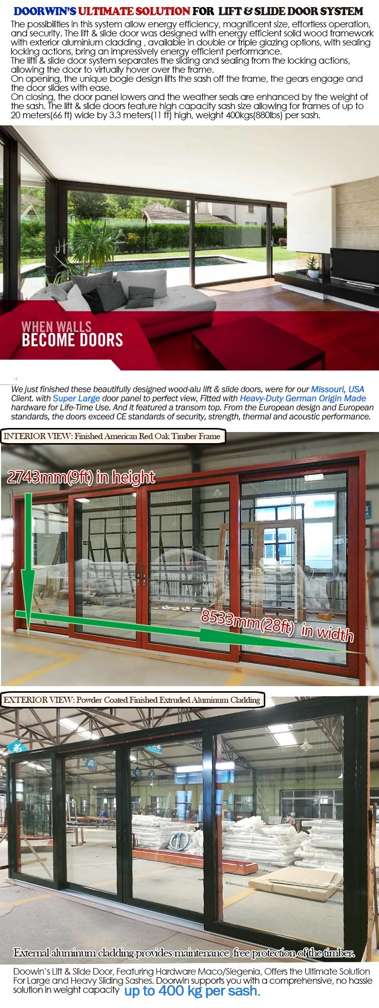 Lift Sliding Door, Oak Wood with Exterior Aluminum Cladding