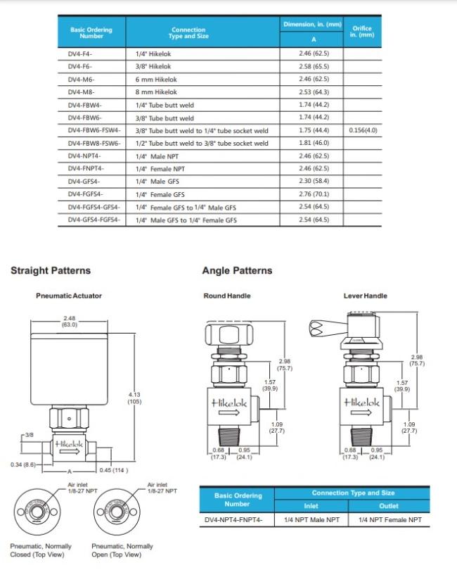 Hikelok High Pressure 3500 Psi 1/8 1/4 in. Od VCR Manual Pneumatic Actuator Diaphragm Valve