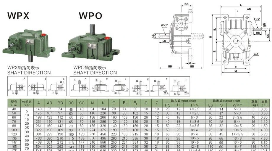 Wp Series Wpa Wps Wpo Steel Cast Iron Housing Flange Input Vertical / Horizontal Gear Reduction Industrial Speed Transmission Shaft Worm Reducers Gearbox