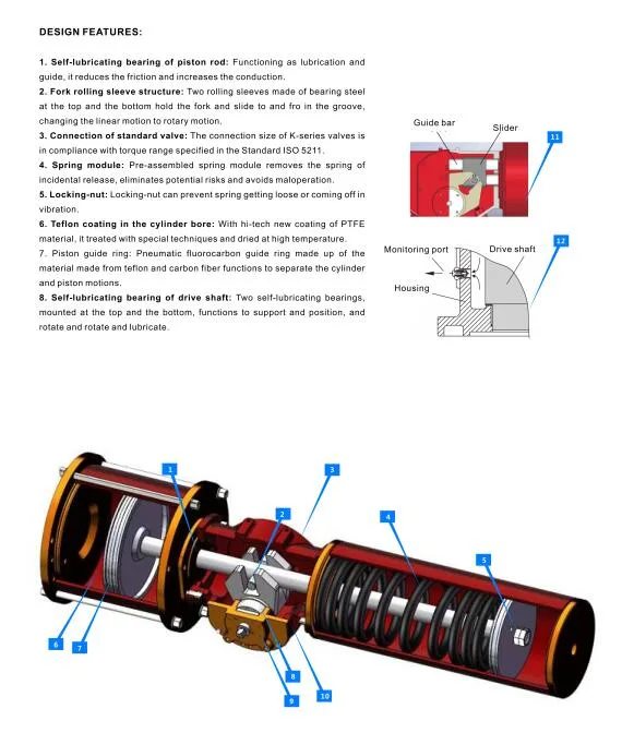 High-Quality K Series Heavy Duty Rack and Pinion Scotch Yoke Spring Return/Single Acting Pneumatic Actuator Ductile Cast Iron Cylinder with Handwheel