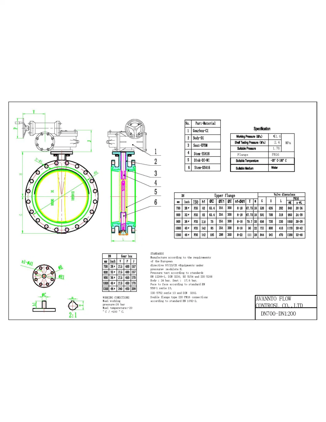 Pn16 Ductile Iron DN1000 Butterfly Valve Worm Gear Actuator