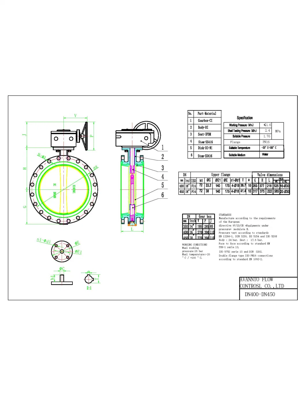 Pn16 Ductile Iron DN1000 Butterfly Valve Worm Gear Actuator