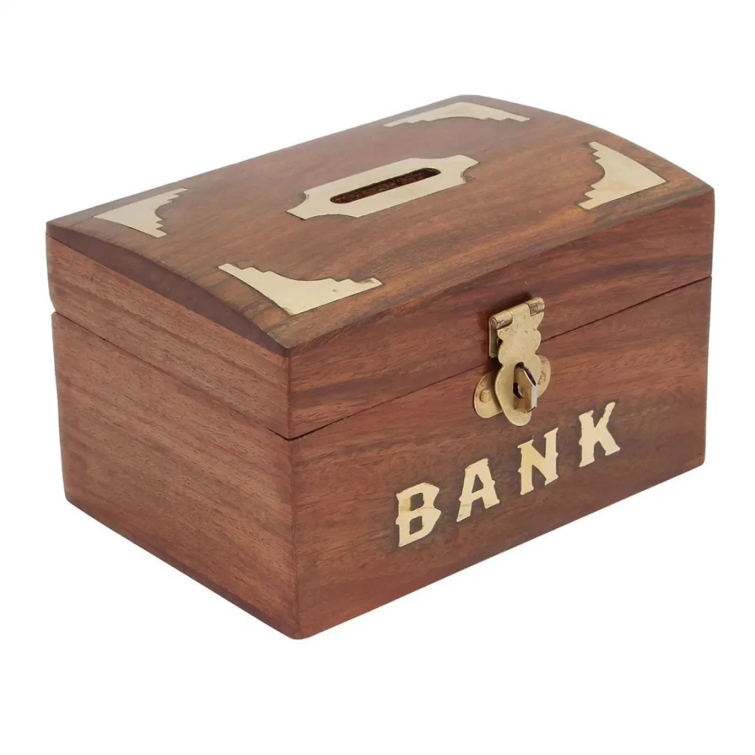 Wooden Coin Bank Money Safe 6 Compartment Change Box