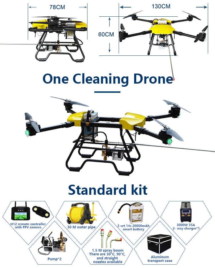 Efficiently Cleaning Real-Time Monitoring Easy Setup Reach Inaccessible Areas up to 30-100 Meters High Very Friendly Washing Cleaning Drones