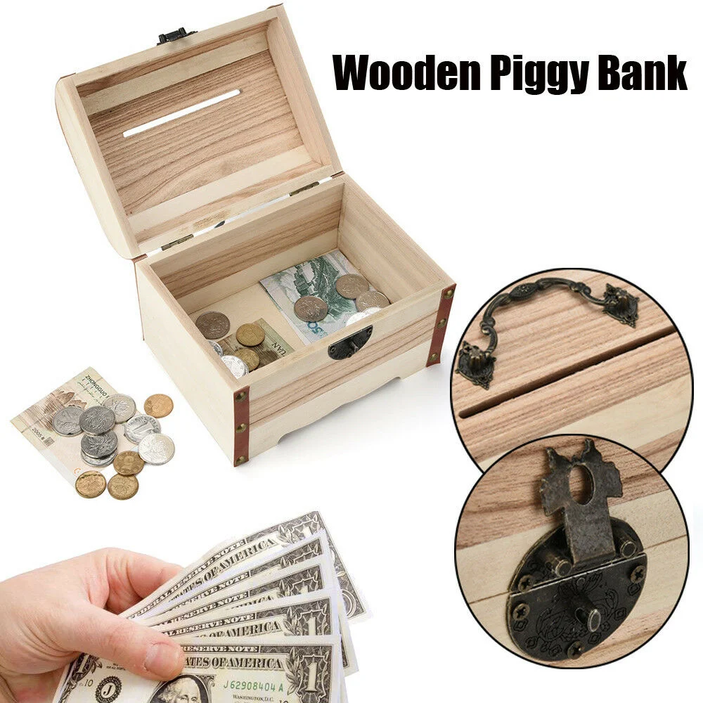 Wooden Coin Bank Money Safe 6 Compartment Change Box