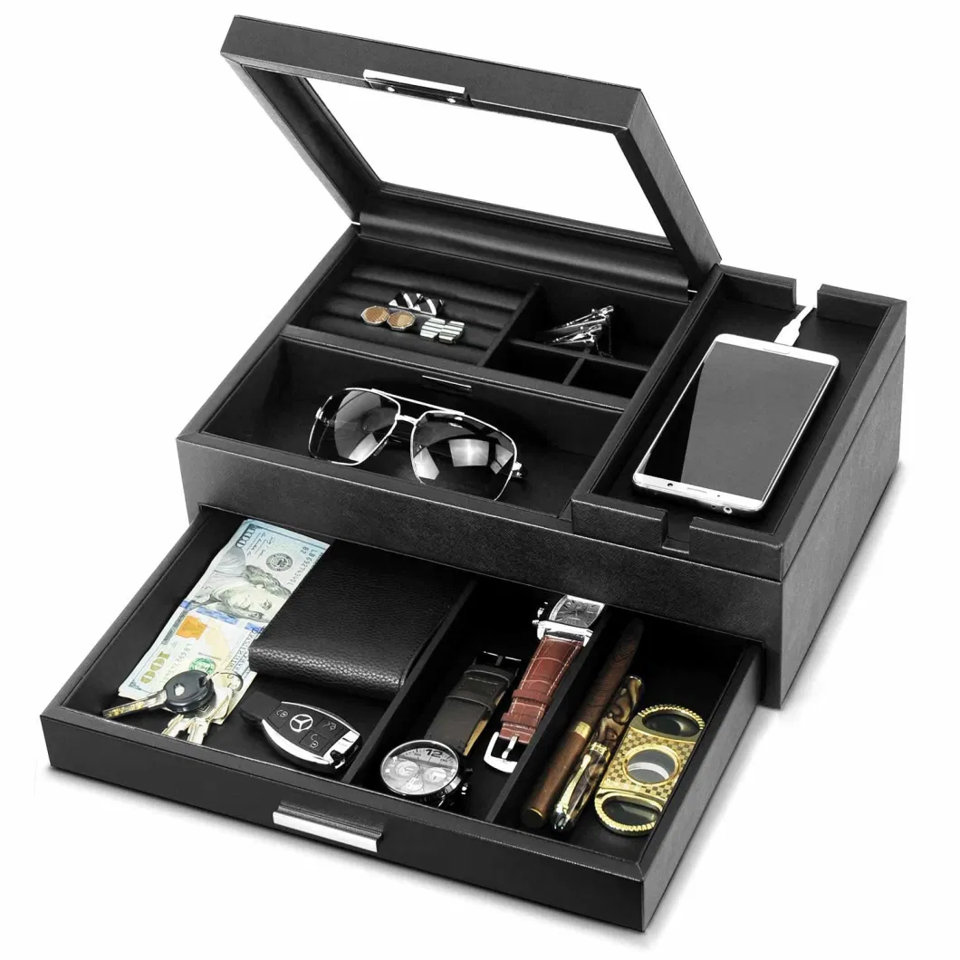 Leather Valet Tray Jewelry Catchall Key Phone Coin Box Change Bedside Storage Box