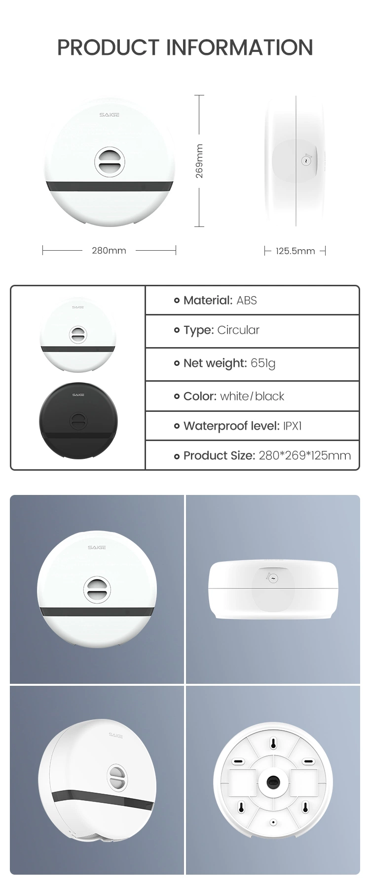 Saige Wholesale High Quality Wall Mounted Toilet Plastic Round Tissue Box