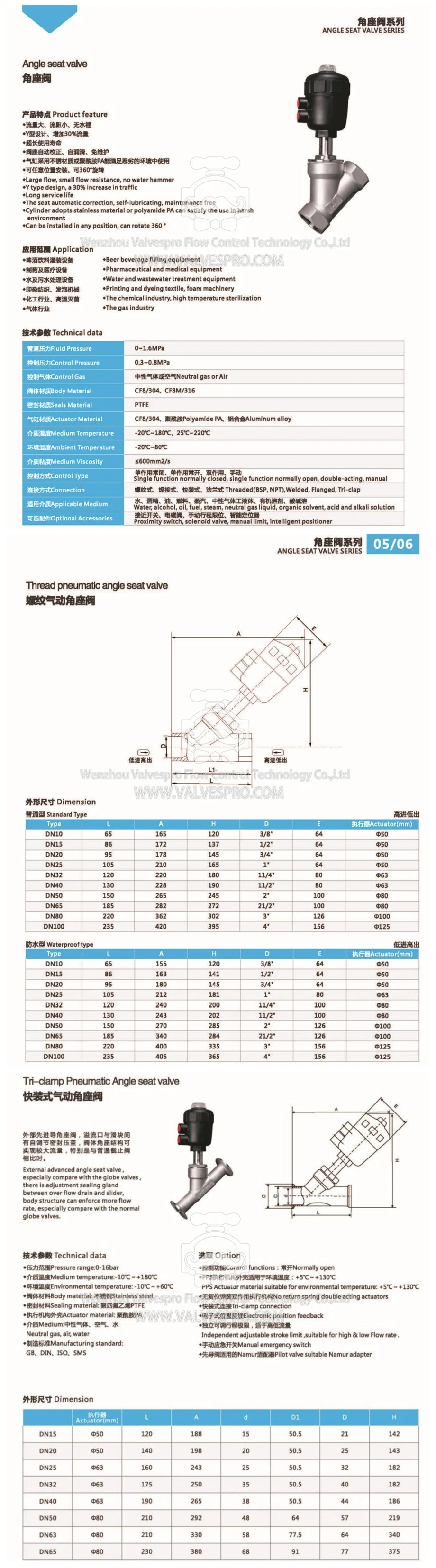 Plastic Actuator Pneumatic Angle Seat Valve with Thread/Clamp/Weld/Flange Connection Full Stainless Steel Proportional Control Valve Replace Esg