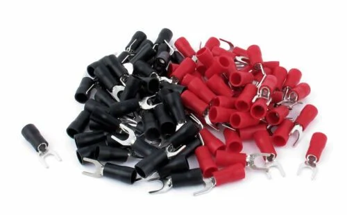 100 PCS Vinyl Red Fork Spade Terminals Connectors 22-18 Ga. Gauge #8 Stud Crimp