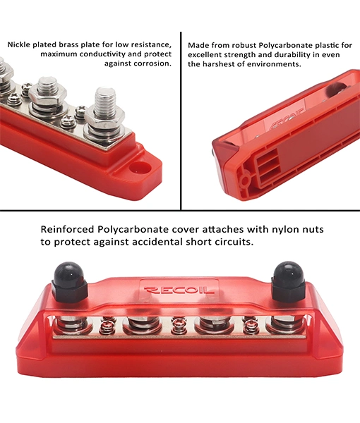 Edge Bb46r Busbar 4 X 3/8&rdquor; Studs and 6 X #8 Screw Terminals Power Distribution Block with Ring Terminals, Red