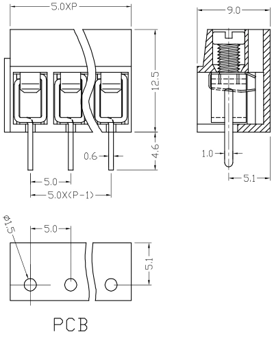 3 Pin 5mm Pitch PCB Screw Mount Type Terminal Block Connector