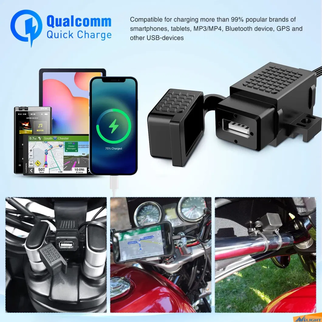 Waterproof Motorcycle USB Charger 3.1AMP Quick Charge SAE to USB Charger Adapter O Ring Terminal Cable Harness with Fuse Handlebar Charger for Mobile Devices