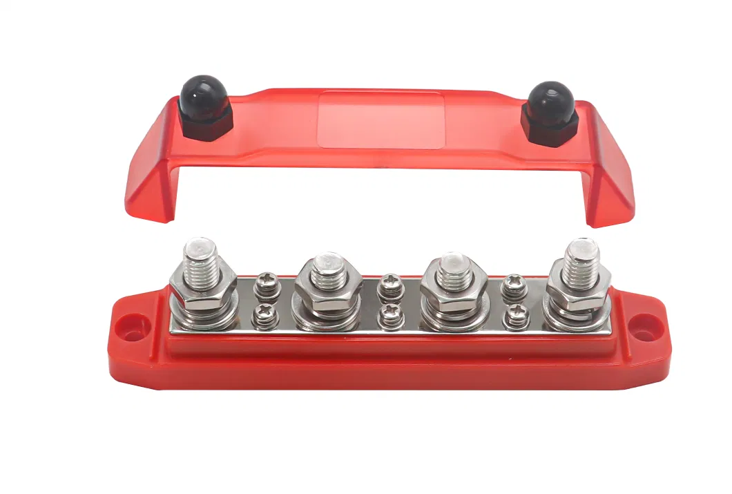 Edge Bb46r Busbar 4 X 3/8&rdquor; Studs and 6 X #8 Screw Terminals Power Distribution Block with Ring Terminals, Red