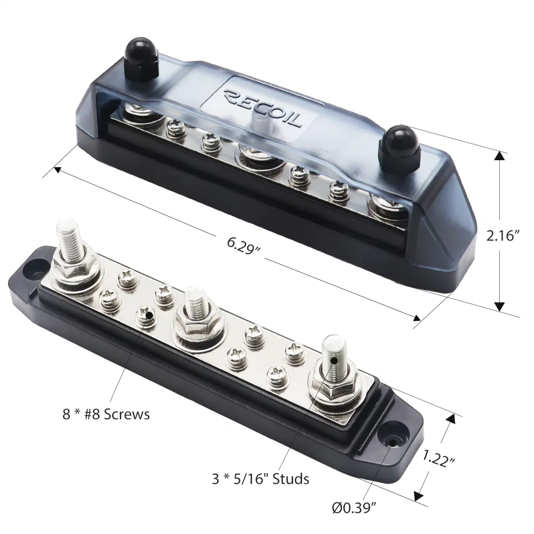 Edge Bb38b Busbar 3 X 5/16&rdquor; Studs and 8 X #8 Screw Terminals Power Distribution Block with Ring Terminals, Black