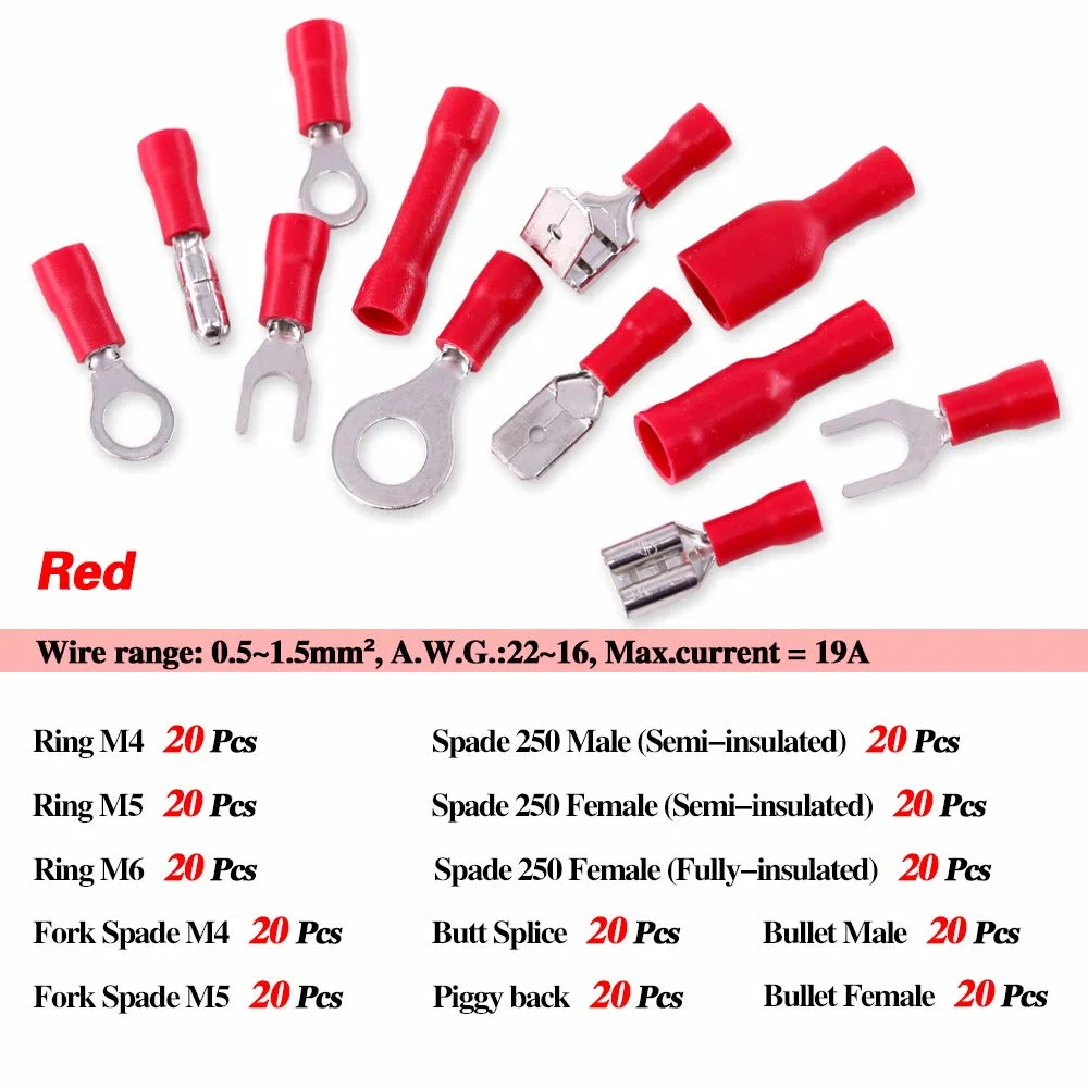 Hampool Butt Splice Crimp Connectors Gauge 22-16AWG (Red) 16-14AWG (Blue) 12-10AWG (Yellow) PVC Insulated Straight Wire Terminal Connectors