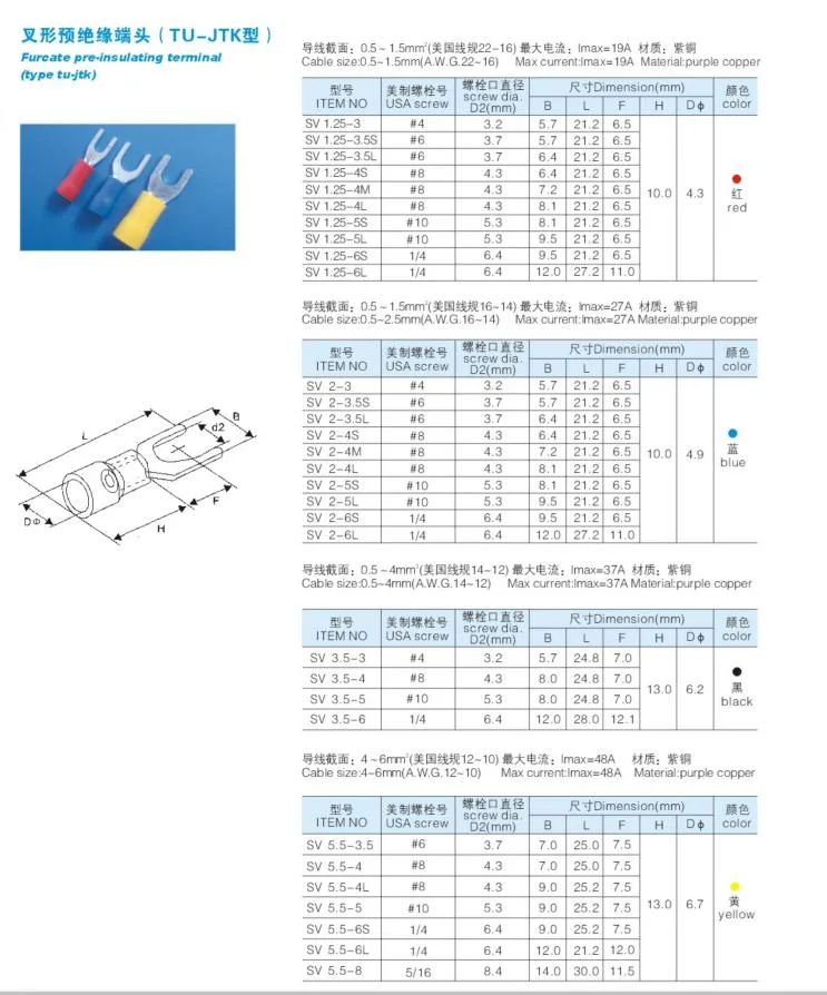 Sv Crimp Terminal Connector Kit Wire Copper Crimp Connector Cord Pin End Terminal Y Type Fork Pre-Insulated Spade Terminals