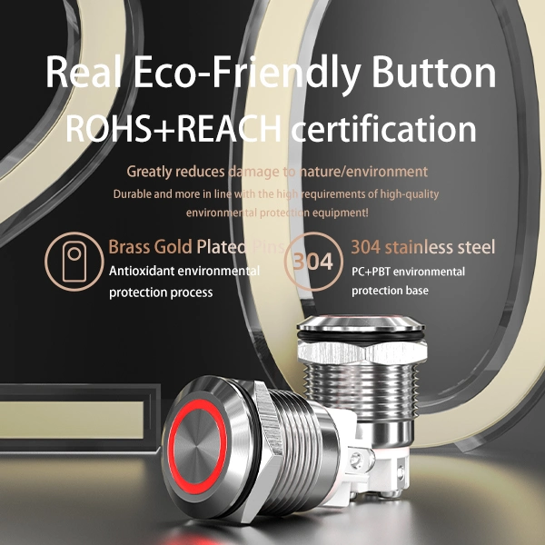 Short Body Stainless Steel Reset 12mm Metal Push Button Ring LED Red Pin Terminal