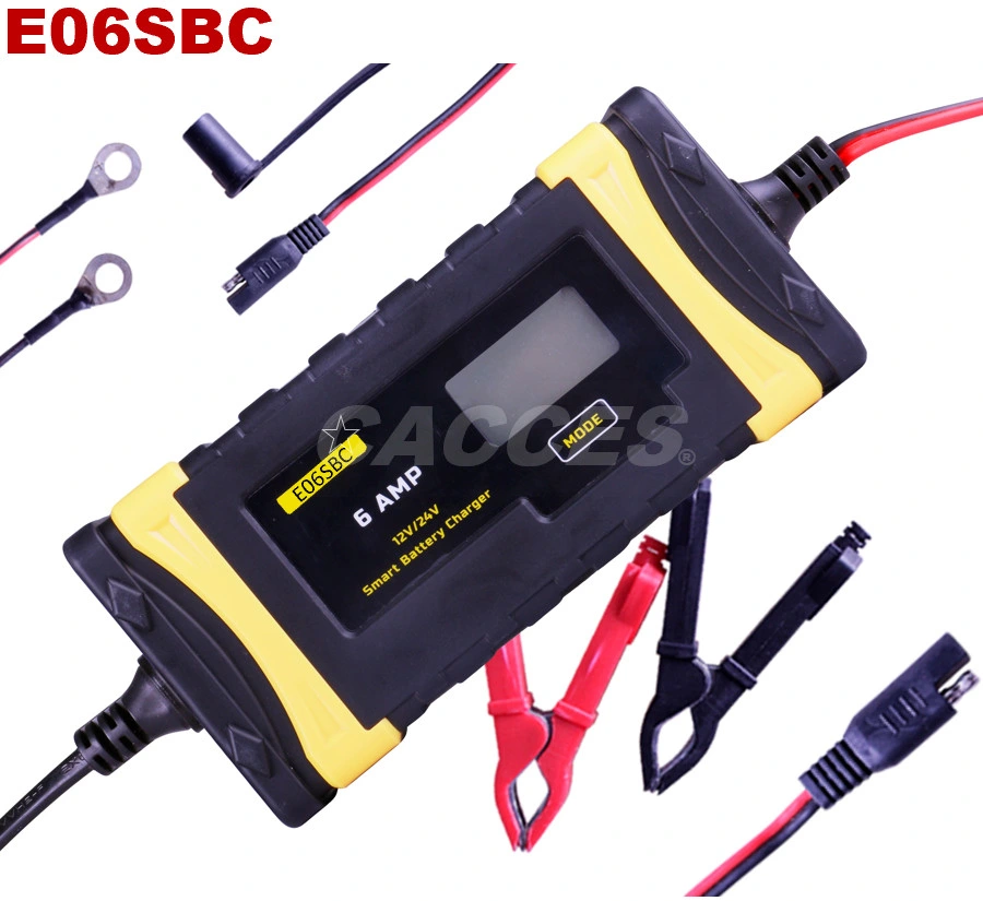 6 AMP Smart Battery Charger, 12V &amp; 24V Trickle Charger and Maintainer for Lead-Acid Battery, up to 120ah, Fully Automatic with Cable Clamps and O-Ring Terminals