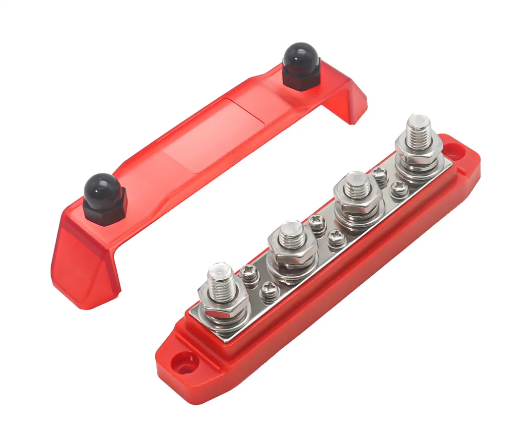 Edge Bb46r Busbar 4 X 3/8&rdquor; Studs and 6 X #8 Screw Terminals Power Distribution Block with Ring Terminals, Red