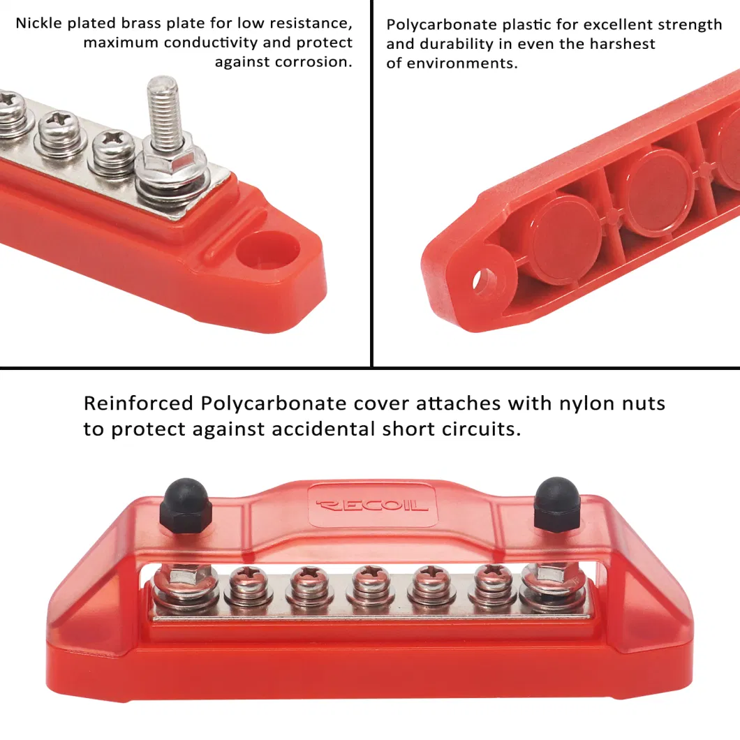 Edge BBS25p Bus Bar 2X1/4in Studs and 5 Screw Terminals Power Distribution Block with Ring Terminals Pair Red &amp; Black