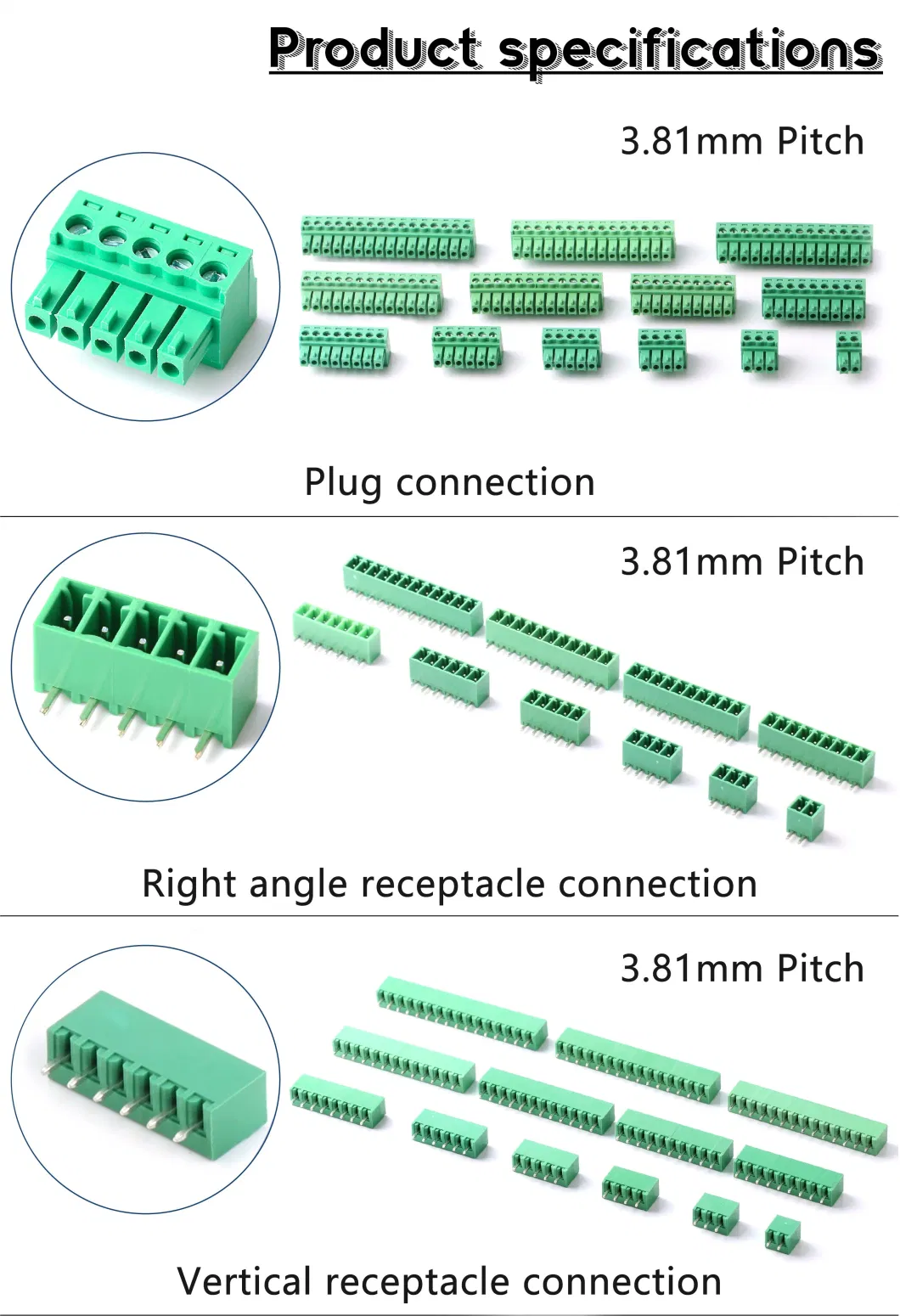 3.81mm 3pin 3 Way Straight Pin Socket + Screw Head Plug-in Terminal Block PCB Mount 2edg 3.81