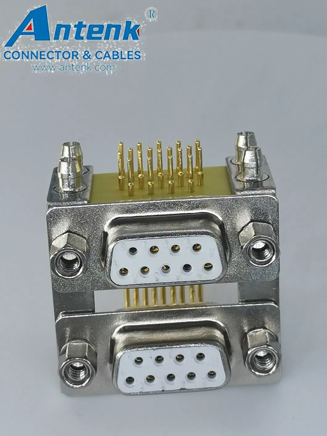 9pin Female Top to 9pin Female Bottom PCB Dual Port High Density Right Angle Machine Pin D-SUB Connector