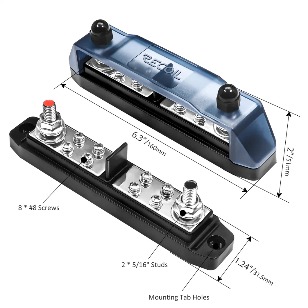 Edge Bbpg5 Busbar Positive and Negative 2 X 5/16&rdquor; Studs and 8 X #8 Screw Terminals Power Distribution Block with Ring Terminals