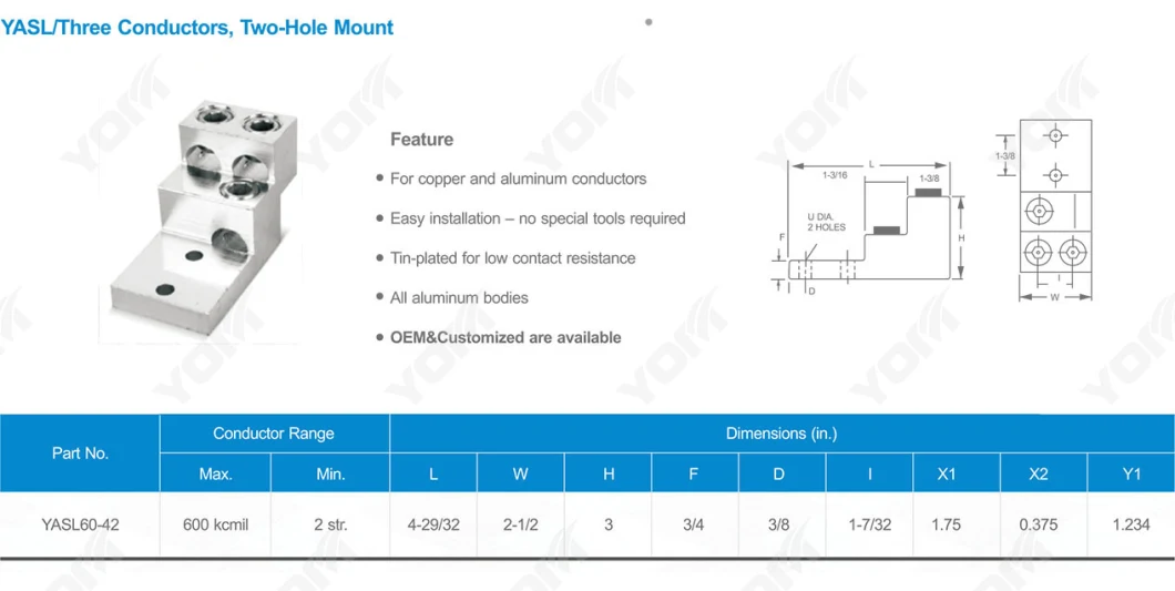 Electrical Grounding Aluminum Mechanical Terminals (Three Conductors, Two-Hole Mount)