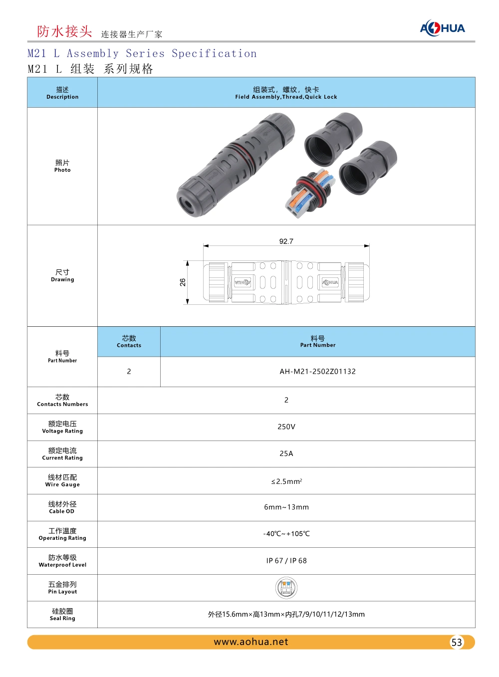 Aohua Hot Sales IP68 L20 Straight-Through 2-Core Quick Wiring LED Lamp Waterproof Connector 2pin Quick Waterproof Connector for Outdoor