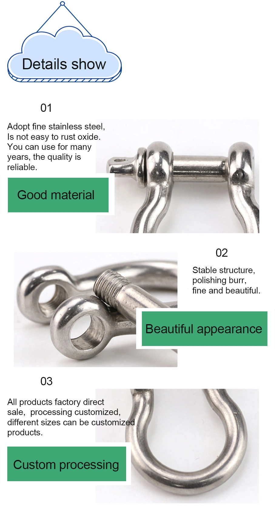 OEM High Polished Stainless Steel 304/316 Rigging Hardware D/Bow Shackle