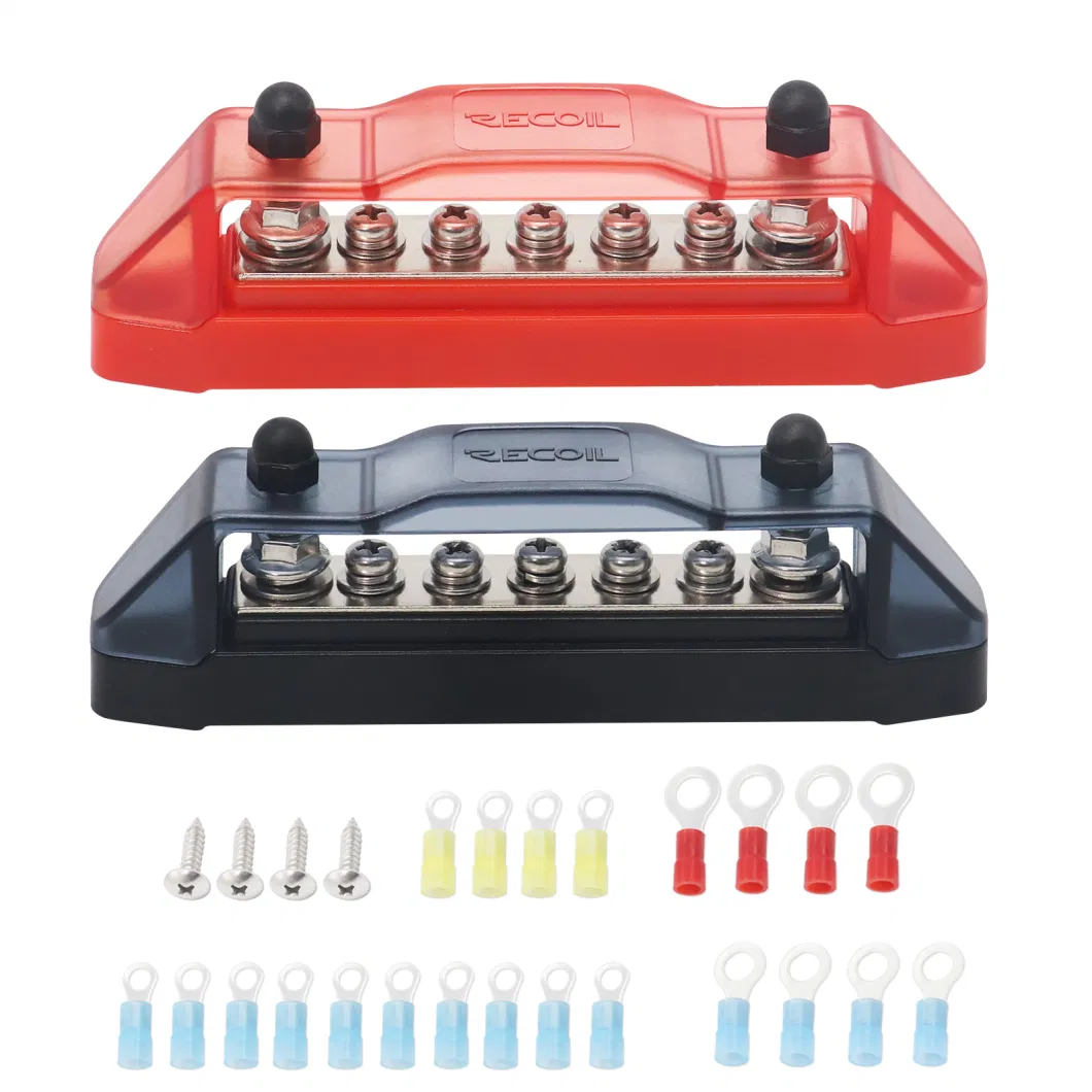 Edge BBS25p Bus Bar 2X1/4in Studs and 5 Screw Terminals Power Distribution Block with Ring Terminals Pair Red &amp; Black