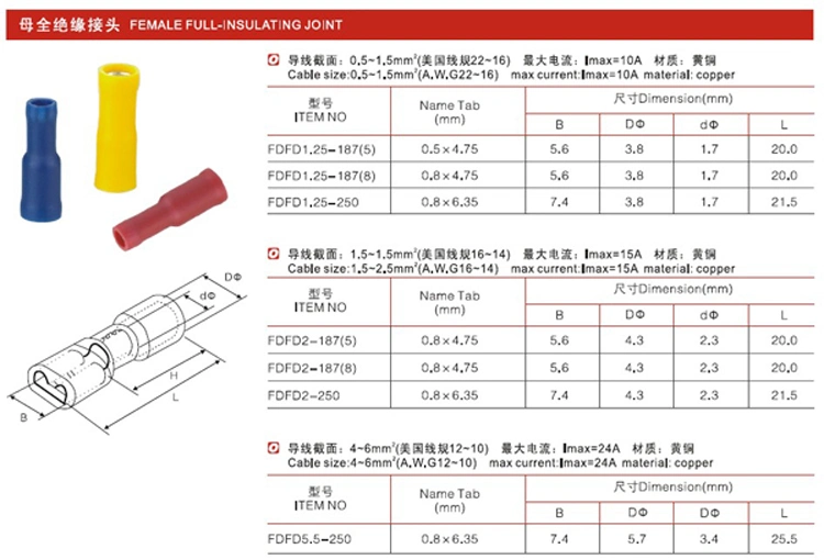 Female Full-Insulating Joint High Quality Insulated Bullet Female Disconnects Electrical Copper Terminal