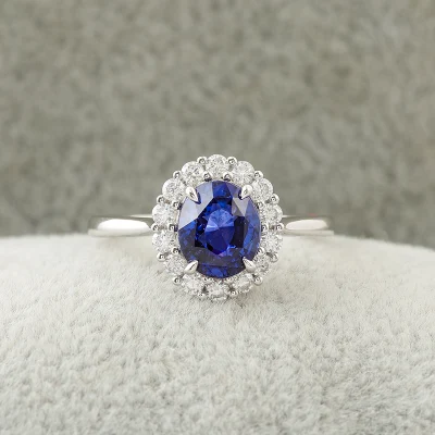  La Provenza joya azul Royal 2carat Lab crecido piedra de zafiro Moissanite Halo Configuración Anillo de Compromiso en la 14K SOLID GOLD