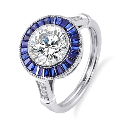 Ajuste de bisel de 7,5 mm de corte redondo Moissanite anillos de diamantes y zafiro azul en Oro Blanco 14K