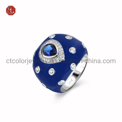 Fashion Retro 925 Sterling anillo de plata con Zircon Azul Blanco Anillo de diamantes esmaltado Joyería