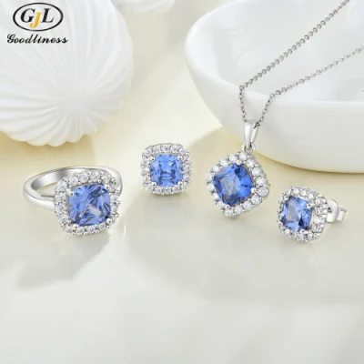 S925 de Tanzania aretes de plata Anillo collar azul de circonio de tres piezas Conjunto de joyas